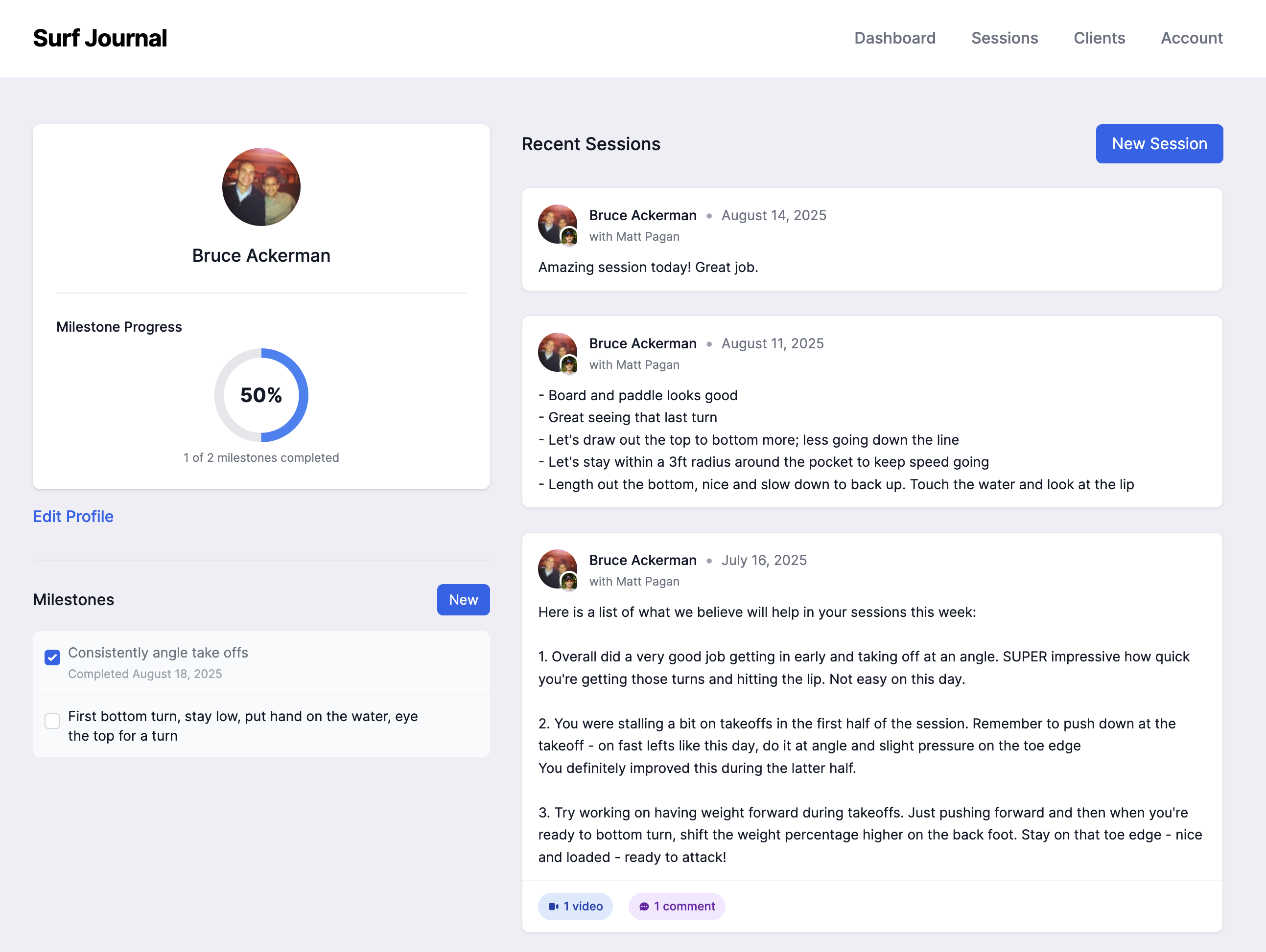 Surf Journal app interface showing session tracking and progress timeline